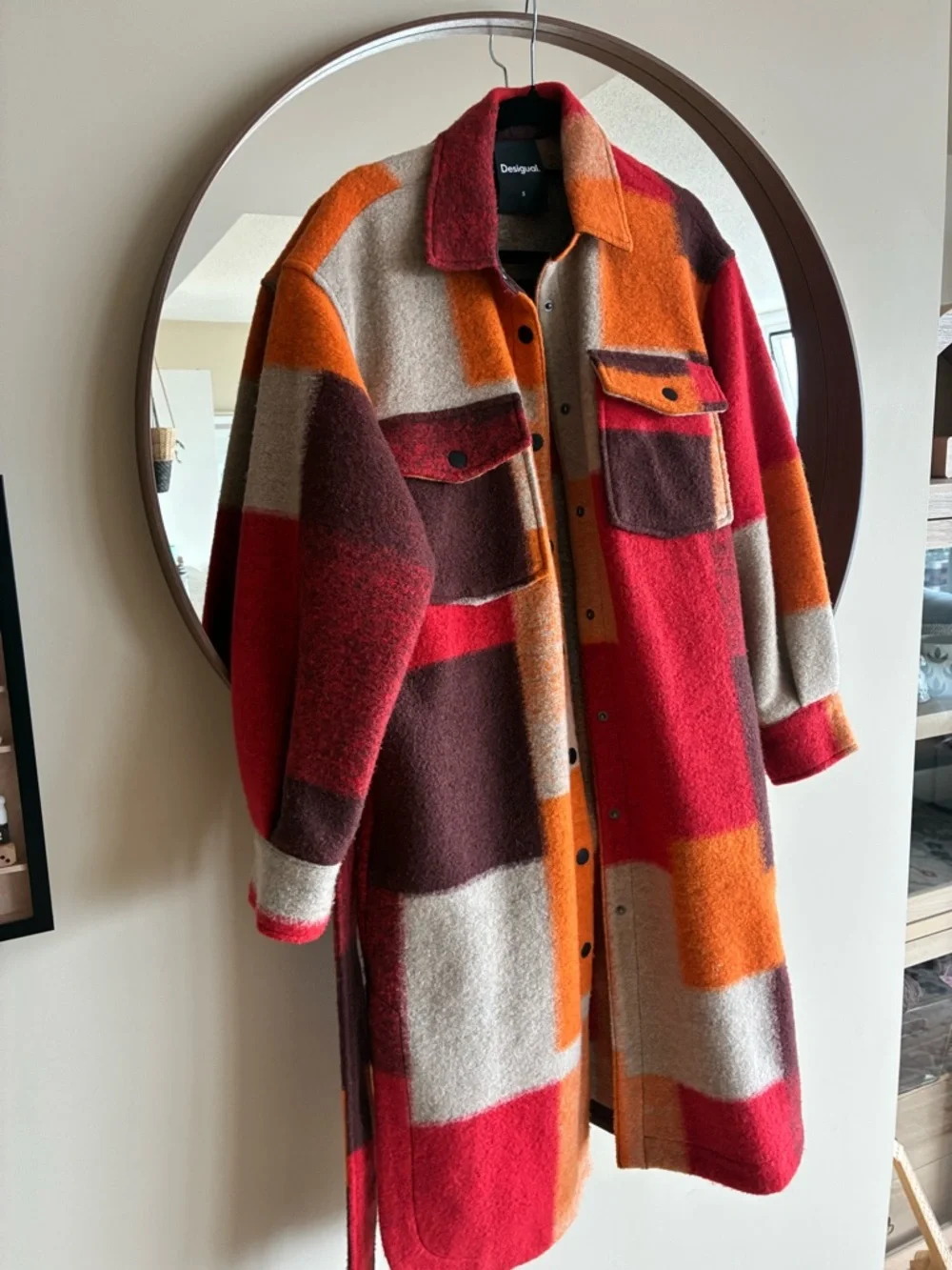 Desigual Red Orange Brown Cream Colorblock Belted Wool Coat - Picture 5 of 8